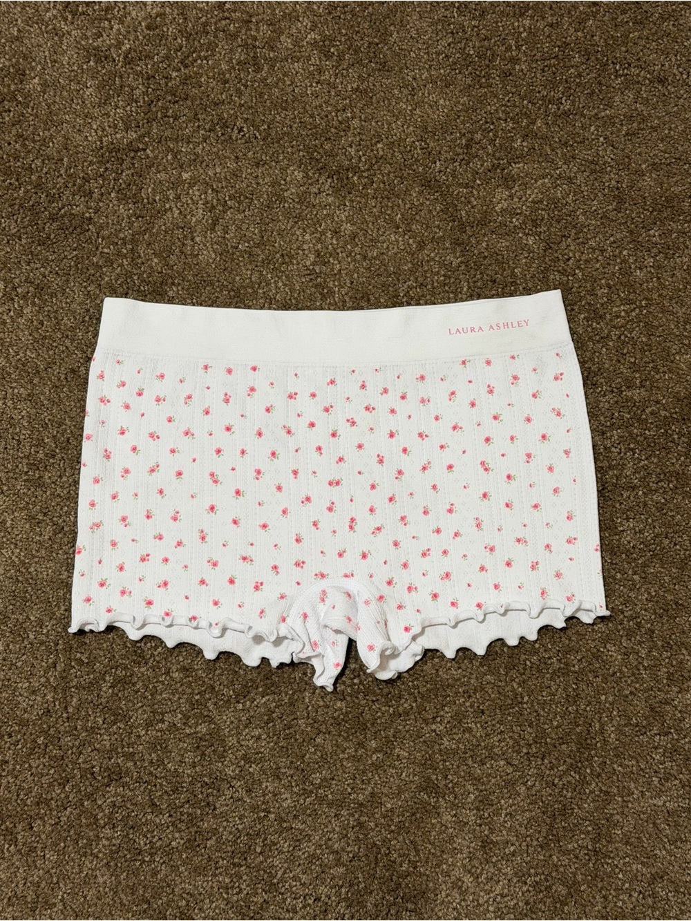 Laura Ashley White Ribbed Boyshorts with Pink Floral Print